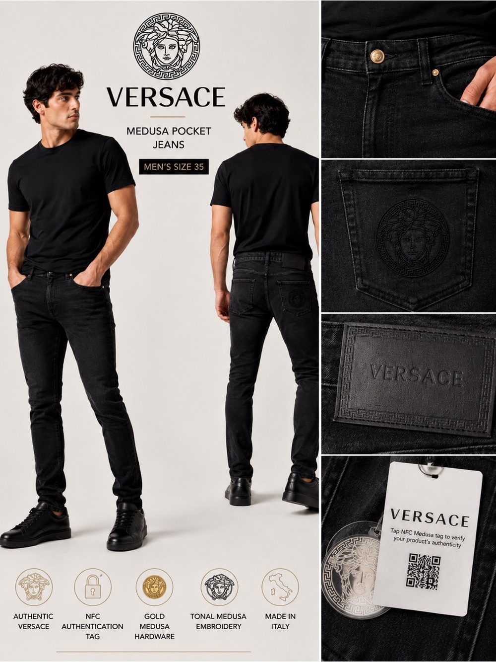 Versace Medusa pocket slim skinny jeans black men’s 35 luxury Italian timeless